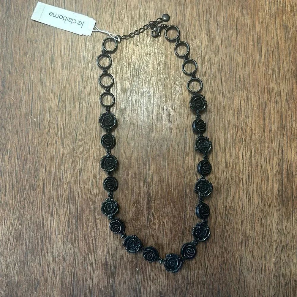NWT Liz Claiborne Black Rose Flower Necklace